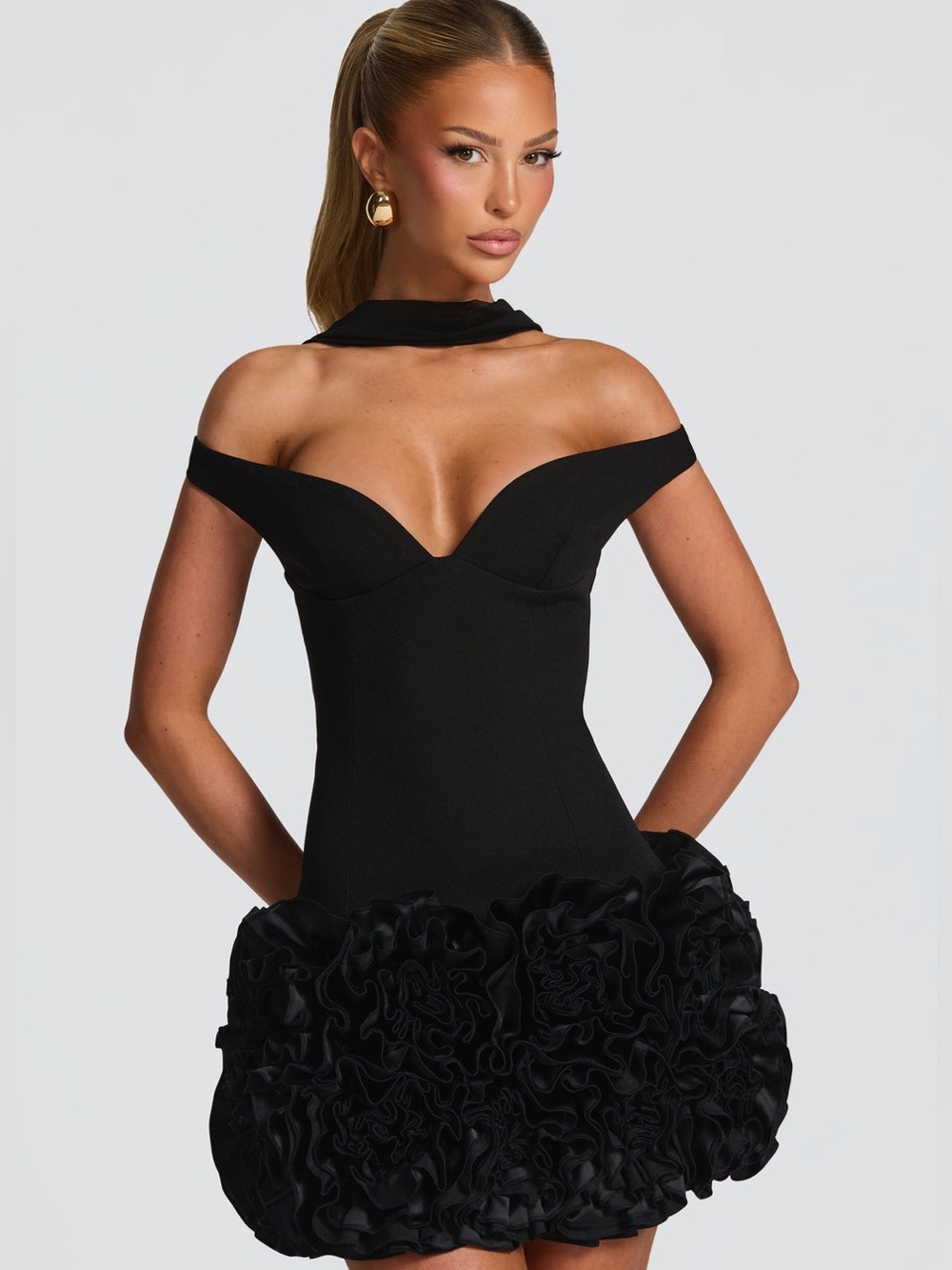Babyboo Aveta Black Off-Shoulder Ruffled Hem Evening Dress Size M NWT
